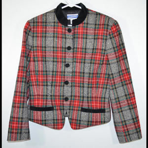 Pendleton Classic Plaid Wool Jacket Velvet Collar Gray/Red/Black Women's Size 8